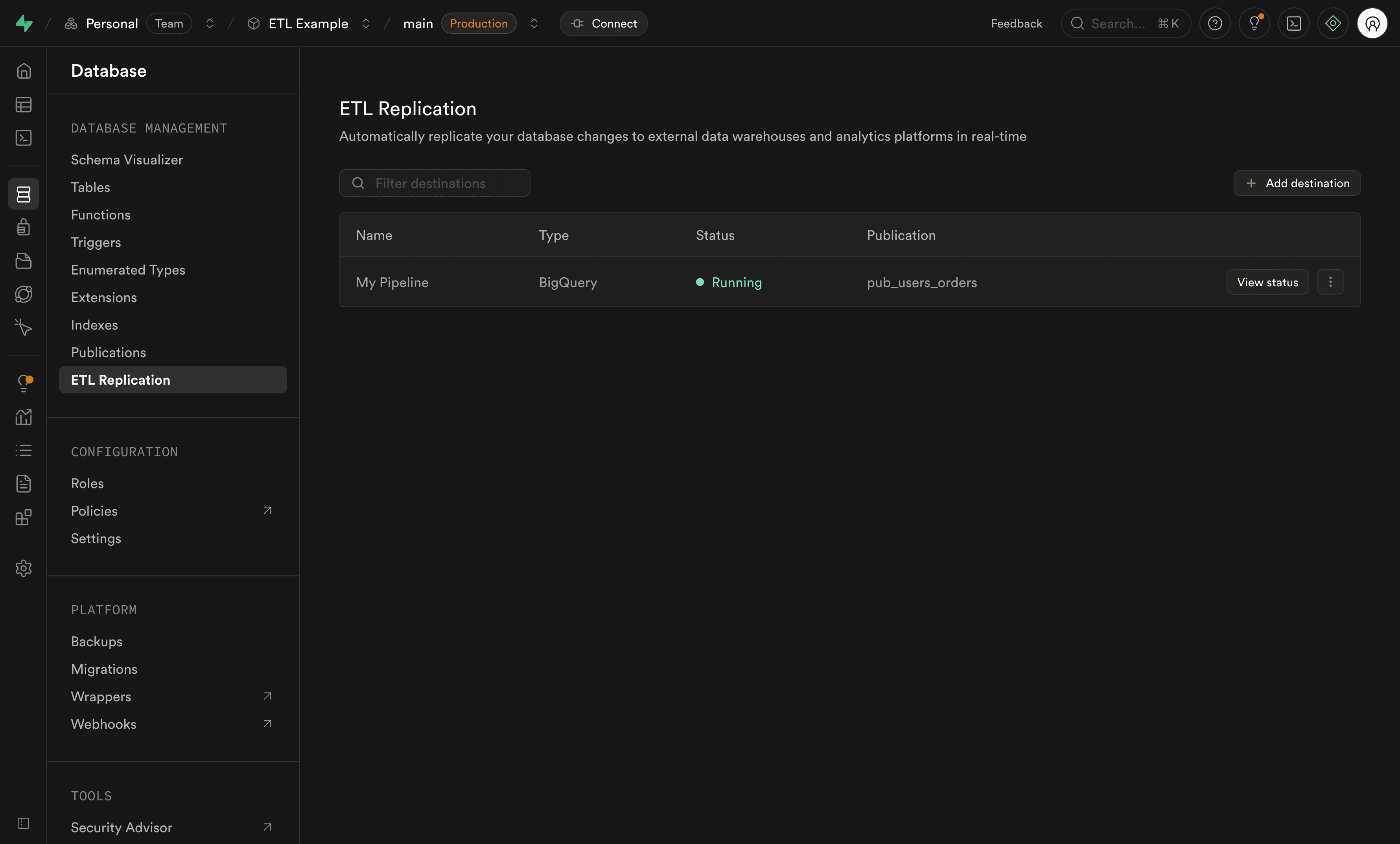 Replication pipelines destinations list