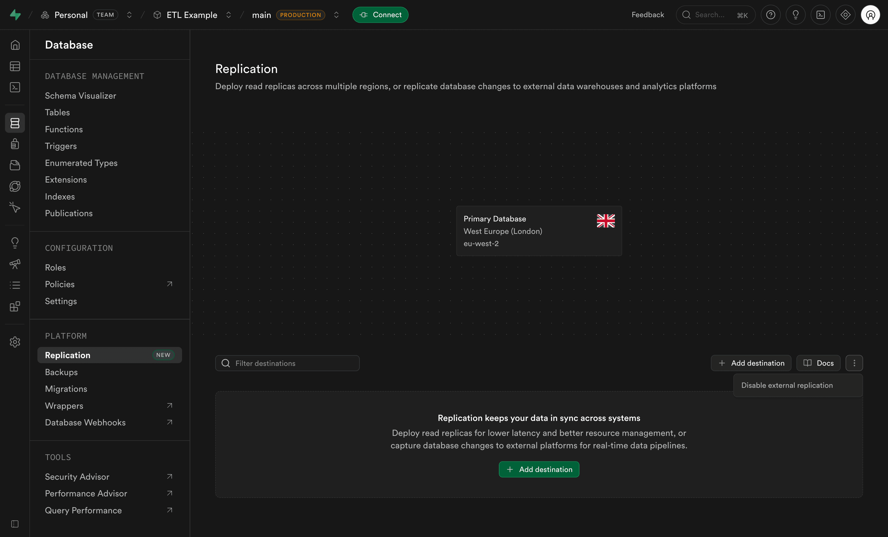 Disable Pipelines from the Replication page actions menu